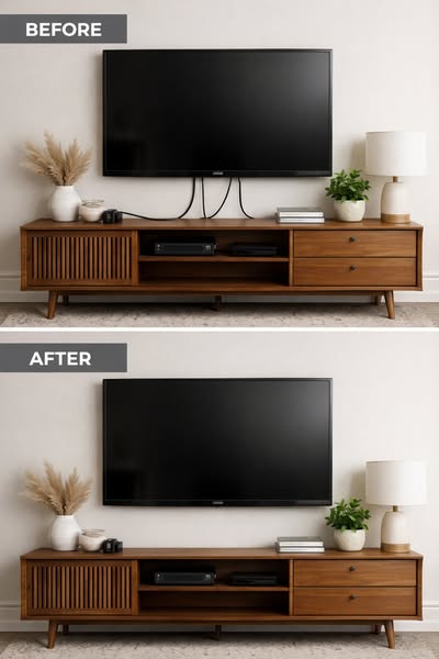 This ad uses before and after photos of a living room to demonstrate how to hide unsightly television cords.