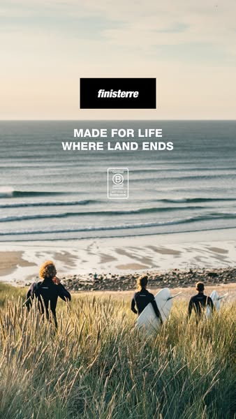 This ad showcases the Finisterre brand against the backdrop of a beach, emphasizing the brand's connection to nature