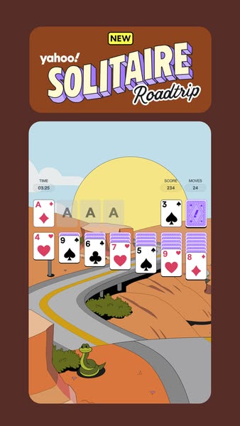 An image promoting Yahoo! Solitaire Roadtrip shows a digital solitaire game set in a desert landscape.