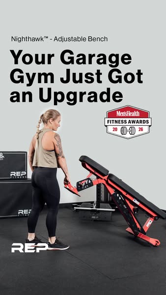This ad promotes the Nighthawk Adjustable Bench from REP Fitness for home garage gyms. The ad uses bold text to convey t