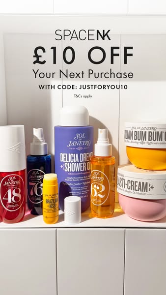 This static image ad for Space NK promotes Sol de Janeiro products with a £10 discount on the next purchase using a prov
