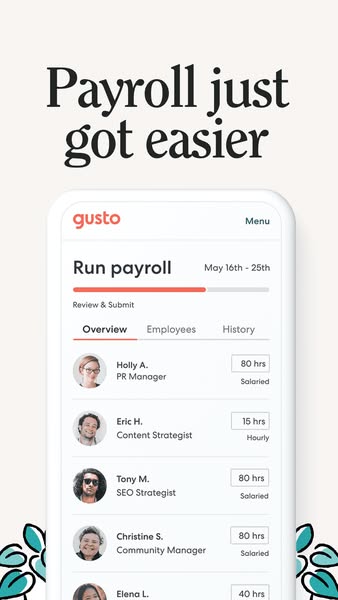 This ad promotes Gusto, a payroll management software. The ad features a screenshot of the Gusto app interface on a mobi