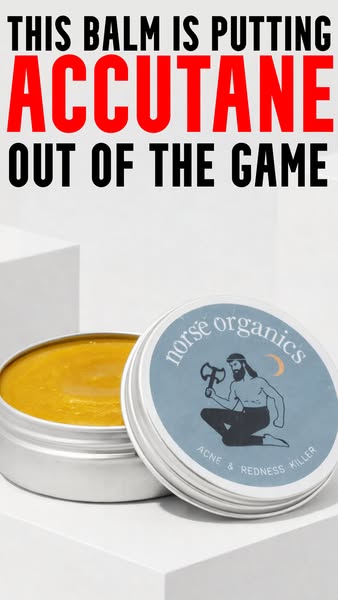 This image ad claims that Norse Organics Acne & Redness Killer balm is more effective than Accutane.