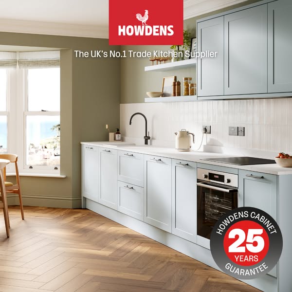 This image ad showcases a modern kitchen design from Howdens, highlighting their position as the UK's No.1 trade kit
