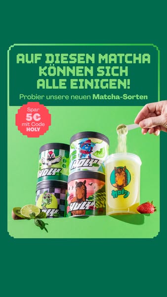 This ad promotes Holy's new matcha flavors by showcasing various product containers with playful branding and a spec