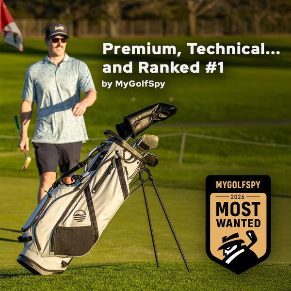 This ad showcases a golf bag as being premium, technical, and ranked #1 by MyGolfSpy. The ad features a golf bag and a g