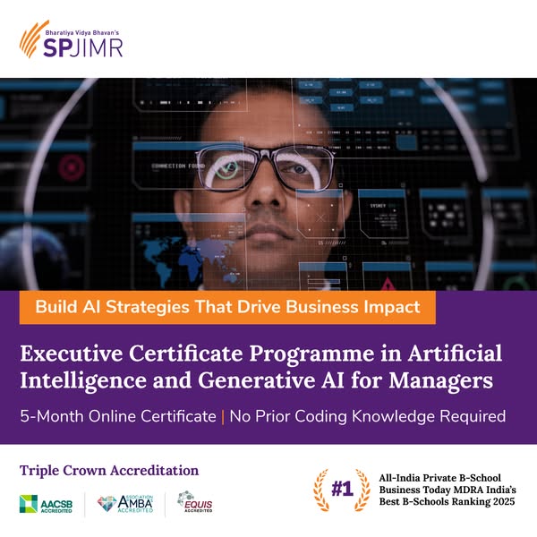 This image ad promotes an executive certificate program in Artificial Intelligence and Generative AI for managers. It hi