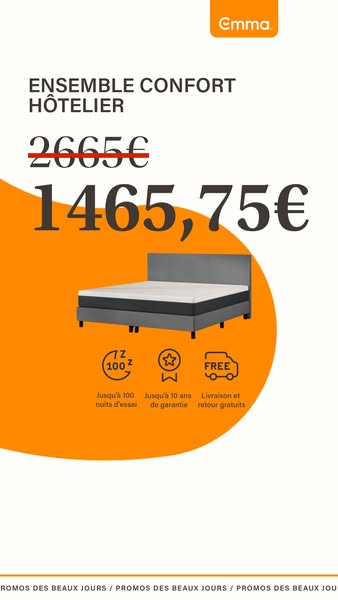 This ad for Emma Sleep features a price reduction on their hotel comfort set, along with benefits such as a 100-night tr