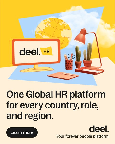 The ad showcases Deel as a global HR platform that supports various countries, roles, and regions. It uses a visual of a