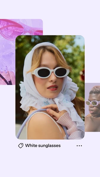 This ad features a model wearing the advertised product, white sunglasses, with various aesthetic images. The visual sty