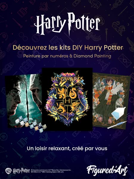 This ad showcases Harry Potter-themed DIY painting kits from Figured Art. It highlights the relaxing nature of the hobby