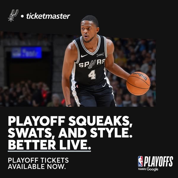 This ad is for Ticketmaster and promotes the availability of playoff tickets. The ad uses an action shot of a basketball