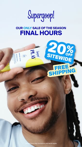 Image ad for Supergoop! promoting a sitewide sale of 20% off plus free shipping during the final hours of the season'