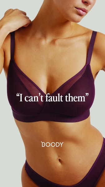 This ad features a woman wearing a Boody bra and underwear set. The ad uses a customer testimonial to promote the comfor