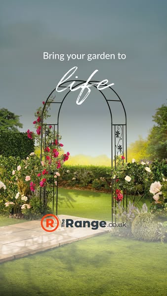 This image ad promotes outdoor and garden products from The Range. The visual features an idyllic garden scene and the t