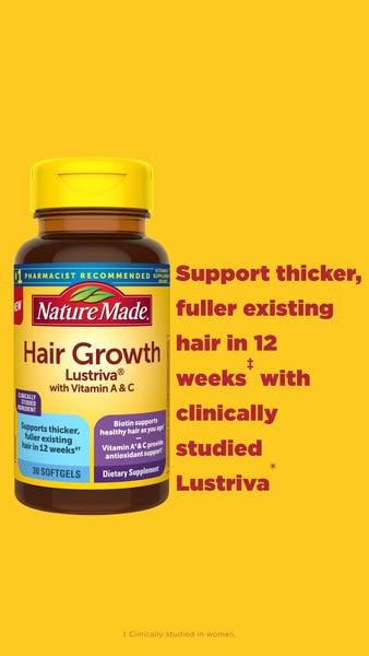 This image ad showcases Nature Made Hair Growth Lustriva softgels, highlighting the product's features and clinicall