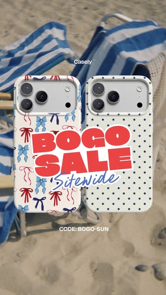 This image ad promotes Casely phone cases with a BOGO sale sitewide. The ad features two phone cases with different patt