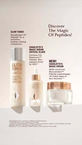 This ad showcases three Charlotte Tilbury products and focuses on the peptide ingredient. It promotes a glow toner, magi