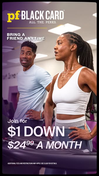 This ad is promoting the Planet Fitness Black Card membership, with an offer to join for $1 down and $24.99 a month. The