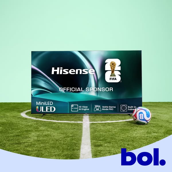 This image ad showcases a Hisense MiniLED ULED television on artificial grass with a soccer ball to advertise the produc