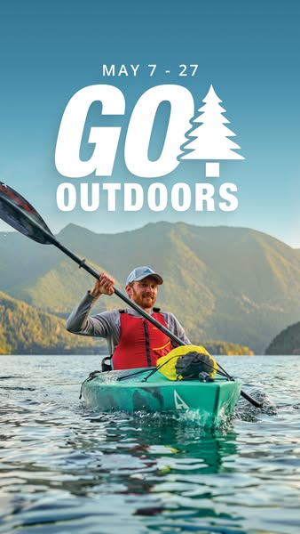This image ad promotes an outdoor event taking place in May. The ad features a man kayaking in a scenic, mountainous set