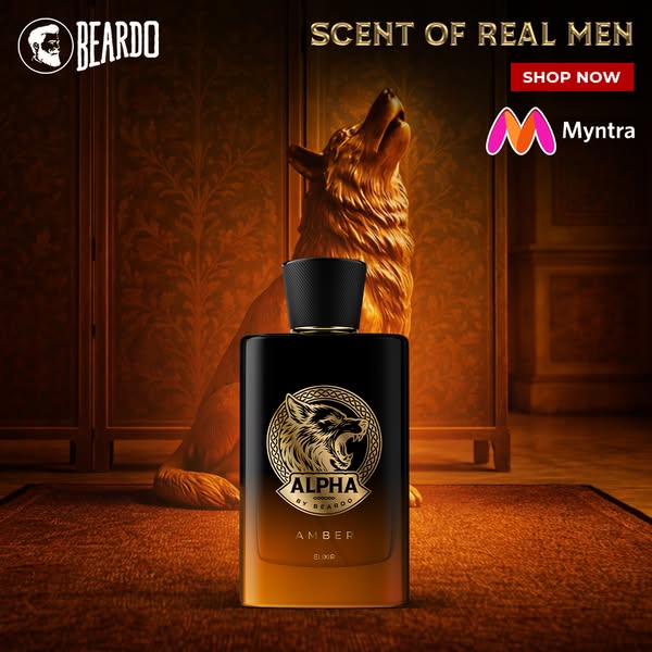 An image ad for Beardo's Alpha Amber Elixir perfume. The image features the product prominently displayed in front o