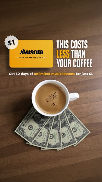 This ad promotes Musora's 1-month membership for only $1 by visually comparing it to the cost of a cup of coffee. Th