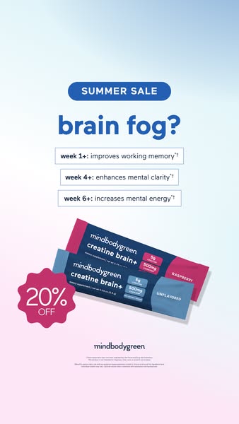 The ad promotes mindbodygreen's creatine brain+ supplement with a focus on the product's effect on brain fog. It