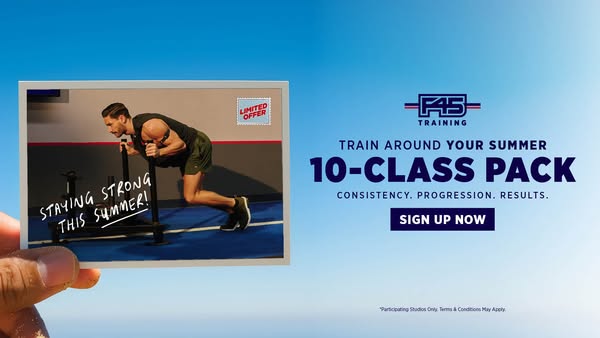 This F45 Training image ad promotes a 10-class pack with a focus on consistency, progression, and results, aiming to hel