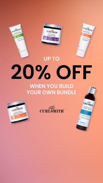 This image ad for Curlsmith promotes a discount of up to 20% off when customers build their own bundle of products.