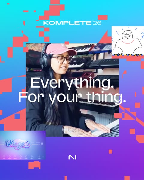 This ad showcases Native Instruments' Komplete 26 software through a video featuring a musician using the software t
