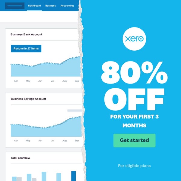 This ad for Xero features a split-screen design. On the left, it shows a business dashboard interface with charts for ba