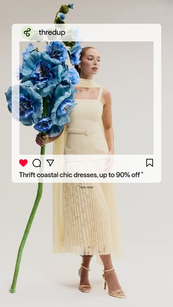 This ad showcases thrifted coastal chic dresses with a discount up to 90% off, styled in a fashionable photo format that