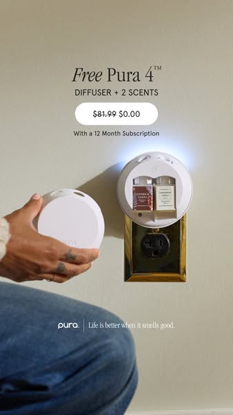 This ad promotes the Pura 4 diffuser and two scents for free with a 12-month subscription. The ad features a hand holdin
