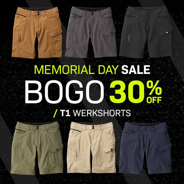 The ad showcases six different colors of T1 Werkshorts. The ad copy promotes a Buy One Get One (BOGO) 30% Off sale for M