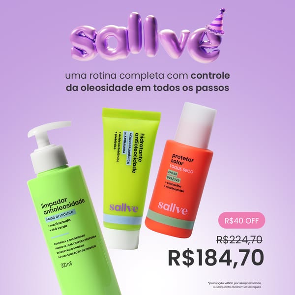This ad promotes Sallve brand skincare products to control oiliness. It features a cleanser, moisturizer, and sunscreen 