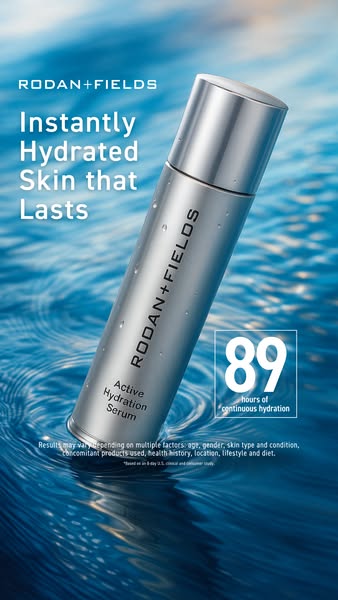 This ad features Rodan + Fields Active Hydration Serum, emphasizing its ability to provide instant and lasting hydration