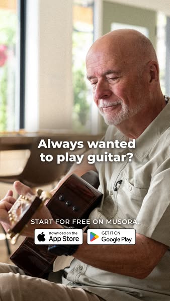 This image ad prompts the viewer if they have always wanted to play guitar and then presents the Musora app as the solut
