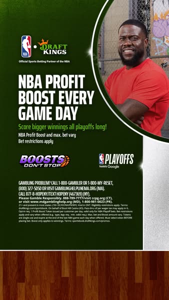 The image ad promotes DraftKings' NBA Profit Boost for every game day, encouraging users to score bigger winnings al