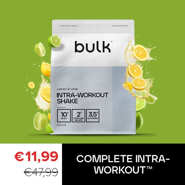 This image ad for Bulk's Lemon & Lime Intra-Workout Shake highlights the product's key ingredients and benef
