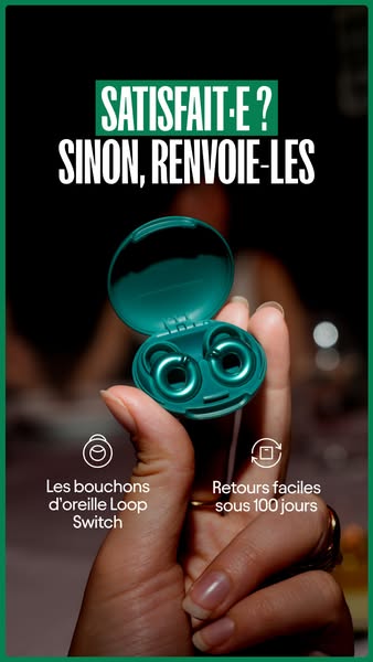 This ad highlights the Loop Switch earplugs and shows how you can easily return them if you are not satisfied.