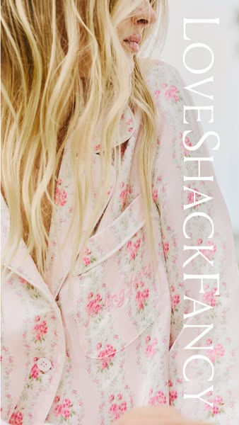 An image ad featuring a model wearing pink LoveShackFancy pajamas.