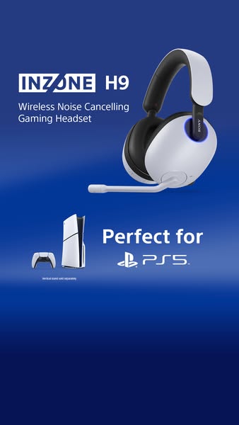 This is an image ad for Sony's INZONE H9 gaming headset, designed to be paired with the Playstation 5.