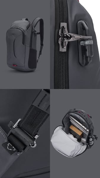 A product ad showing the security features and design of a backpack.