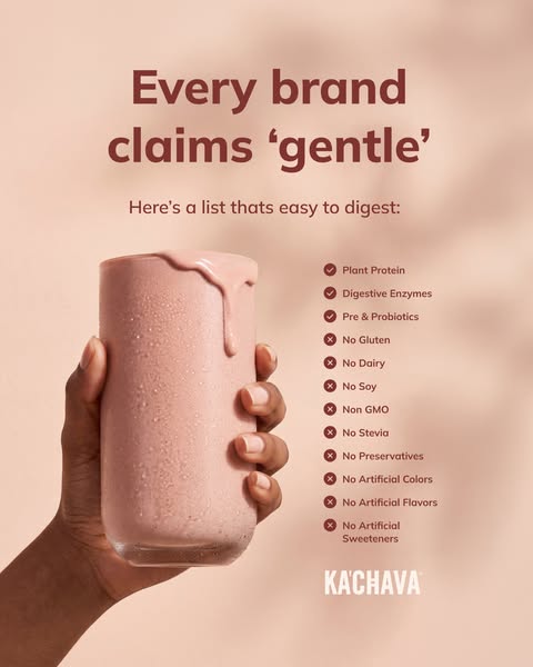 This ad promotes Kachava, a plant based protein shake by presenting a list of what is included and not included in the s