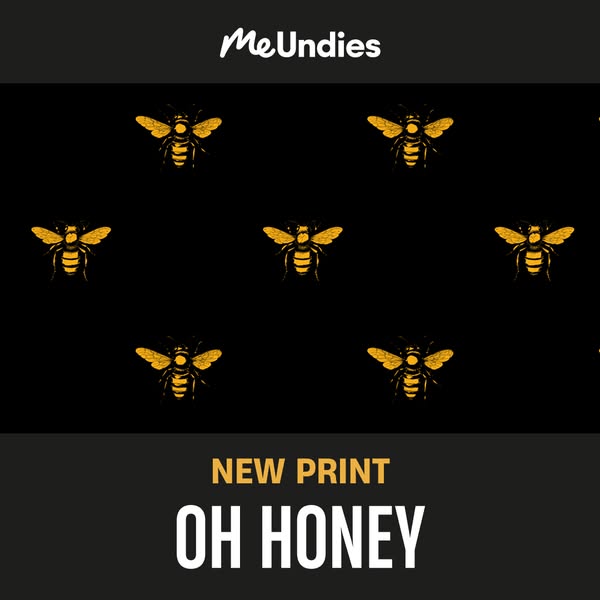 This is an image ad promoting MeUndies' new underwear print featuring a repeating pattern of bees on a black backgro