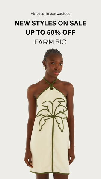 An image ad for FARM RIO features a woman wearing a white halter dress with a green palm tree design and green trim. Tex