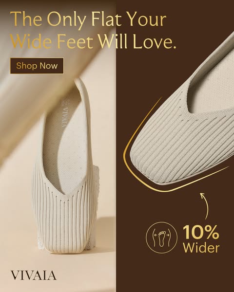 This image ad for Vivaia promotes their flats designed for wide feet. The ad highlights the shoe's wider design and 