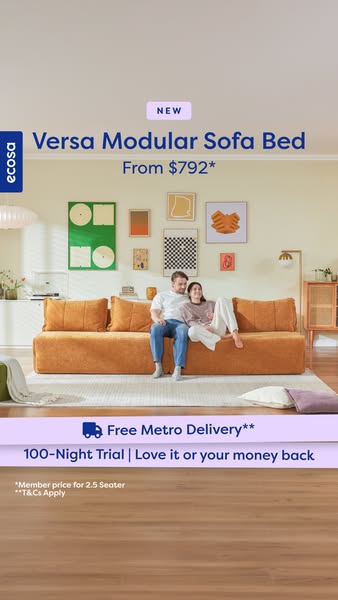 This image ad showcases the Ecosa Versa Modular Sofa Bed, emphasizing its newness, modular design, and attractive starti