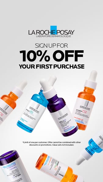This image ad for La Roche-Posay offers 10% off your first purchase when you sign up. The ad features several of the bra
